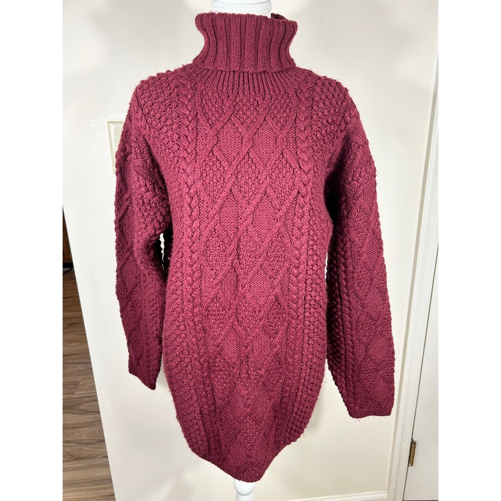 J. Crew Wool Cable Knit‎ Turtleneck Sweater Dress Women's M Burgundy Chunky Luxe